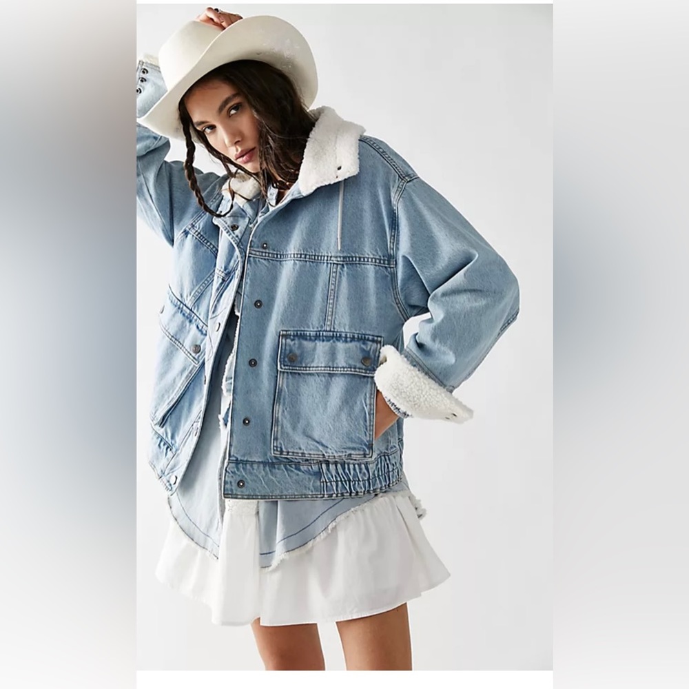 We the free Ariel cozy denim bomber jacket